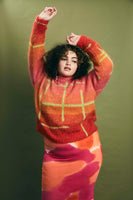 OMBRÉ CHECK MOHAIR HAND KNIT SWEATER - PINK/ORANGE